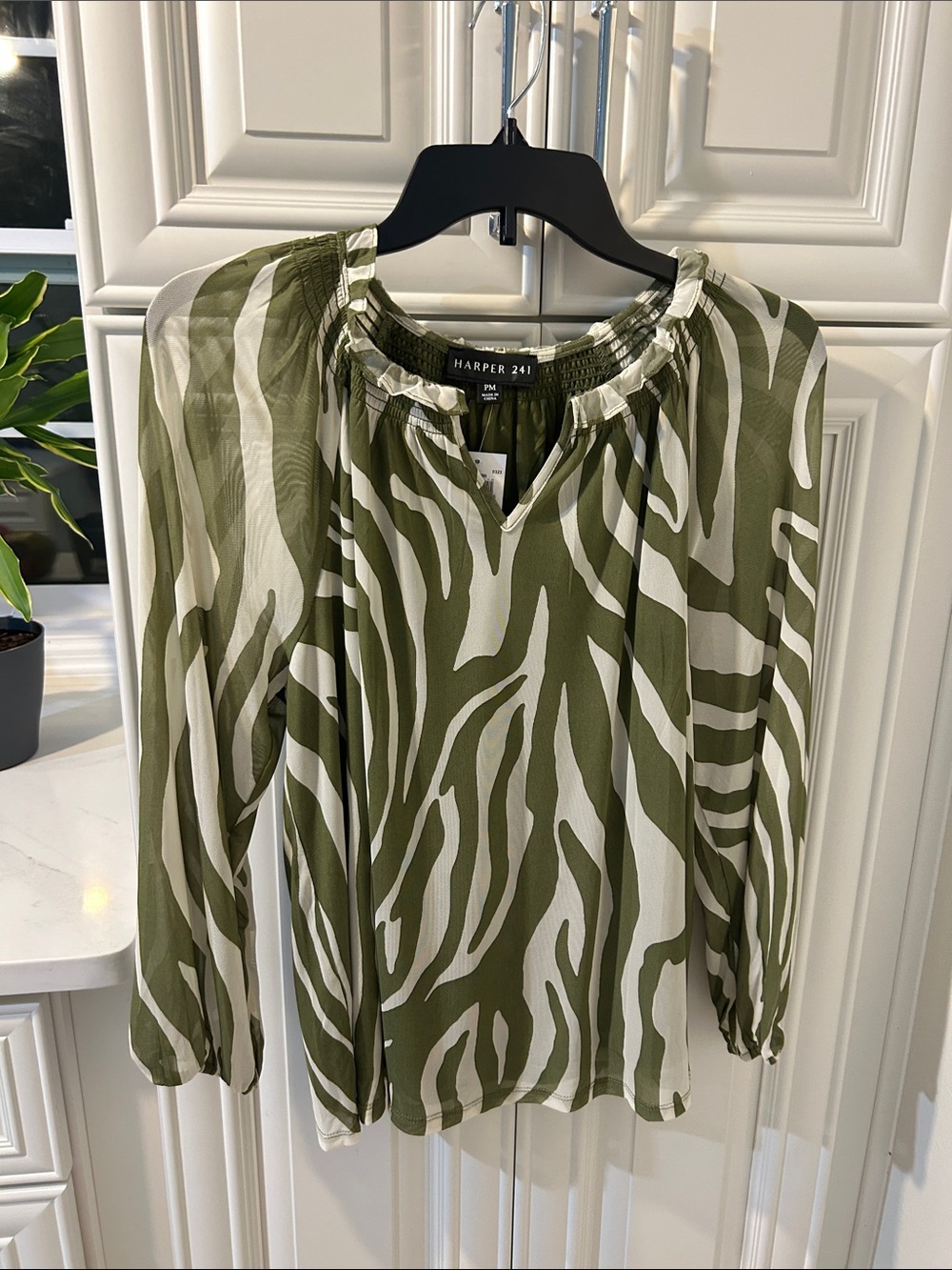Harper Olive & White Zebra-Print Peasant Top
